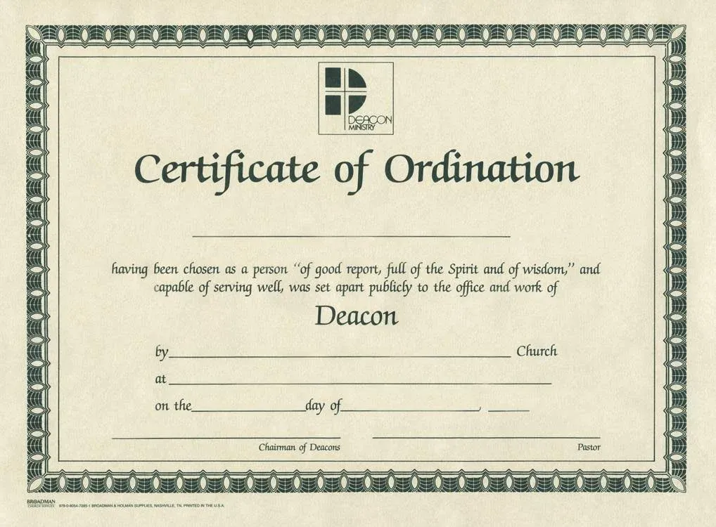 Broadman & Holman Certificate Deacon Ordination, 11" x 8.5" - 6 count