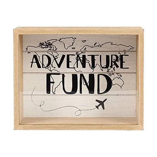 Card and Adventure Fund Wood Box with World Map and Plane Design for Weddings, Birthdays, Graduations, Baby and Bridal Showers, 9" x 5.5" x 7", Adventure Fund