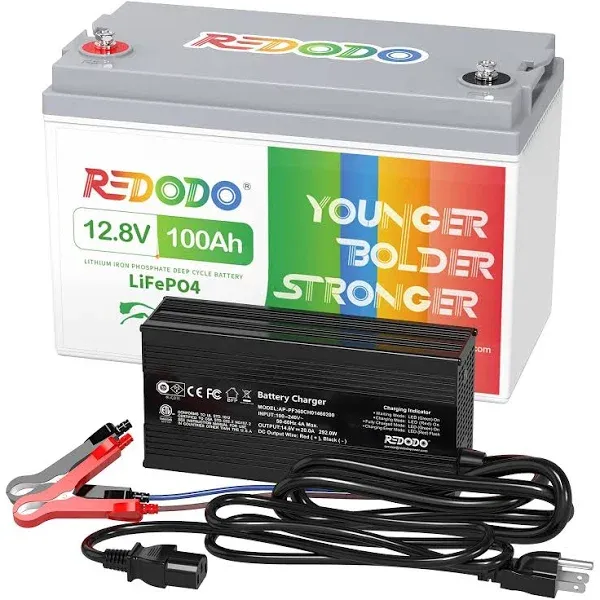 Redodo 12.8V 100Ah LiFePO4 Battery with 14.6V 20A Lithium Battery Charger; Built-in 100A BMS, 5 Hours Fast and Fully Charging, 4000 Cycles Battery for RV, Camping, Solar Home, Marine, Boat etc