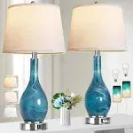 ROTTOGOON Modern Blue Glass Table Lamps with 2 USB Ports