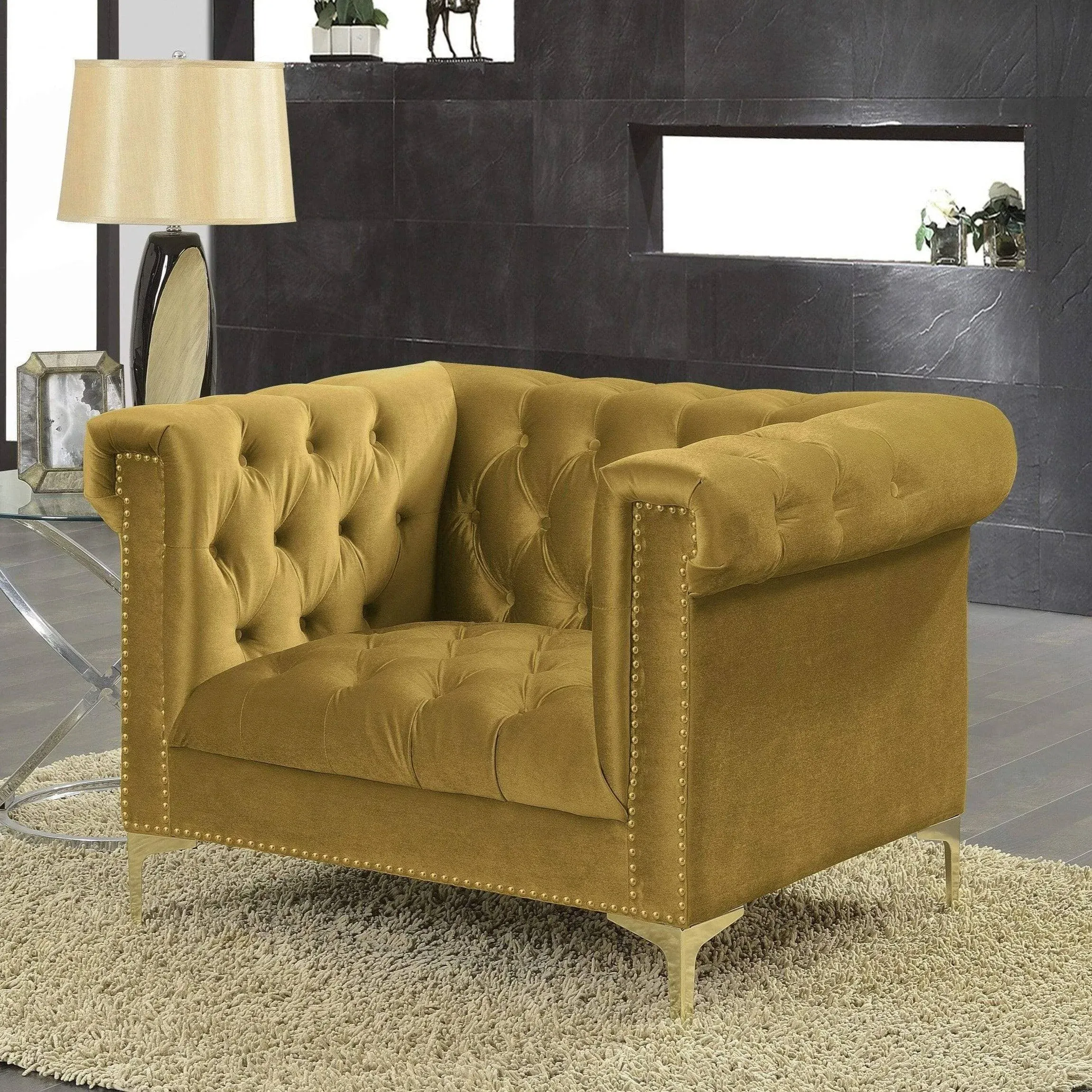 Gold/COGNAC Gold Bea Velvet with Nail head Trim Tone Metal Club Chair