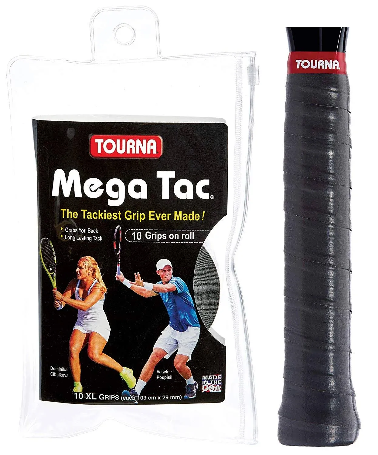 Tourna Mega Tac Extra Tacky Overgrip, Black, 10-Pack