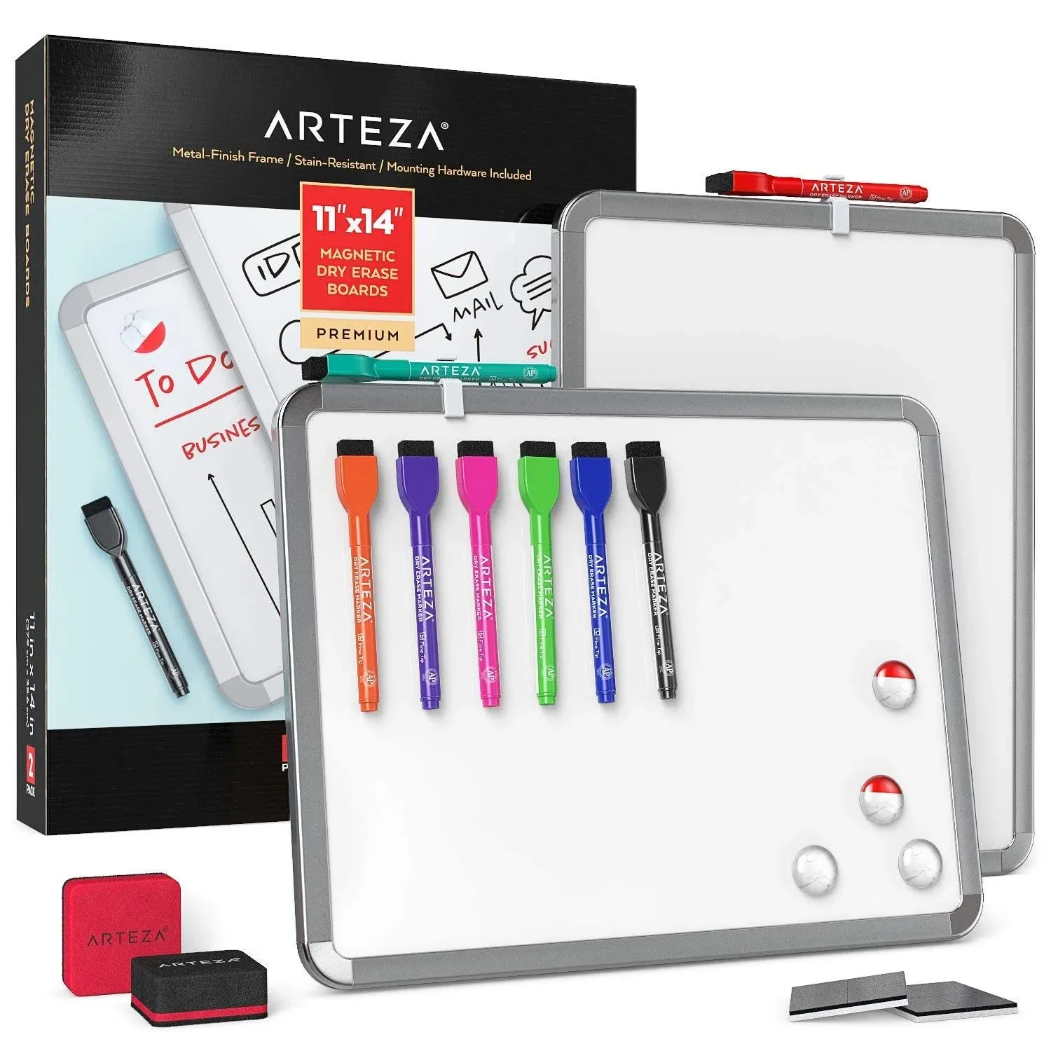 Arteza Framed Magnetic Dry Erase Board Set (2-Pack, 11x14 inches), Small Whiteboards with Marker & Magnets, Ideal for School Supplies, Office, Classroom, College Dorm Essentials