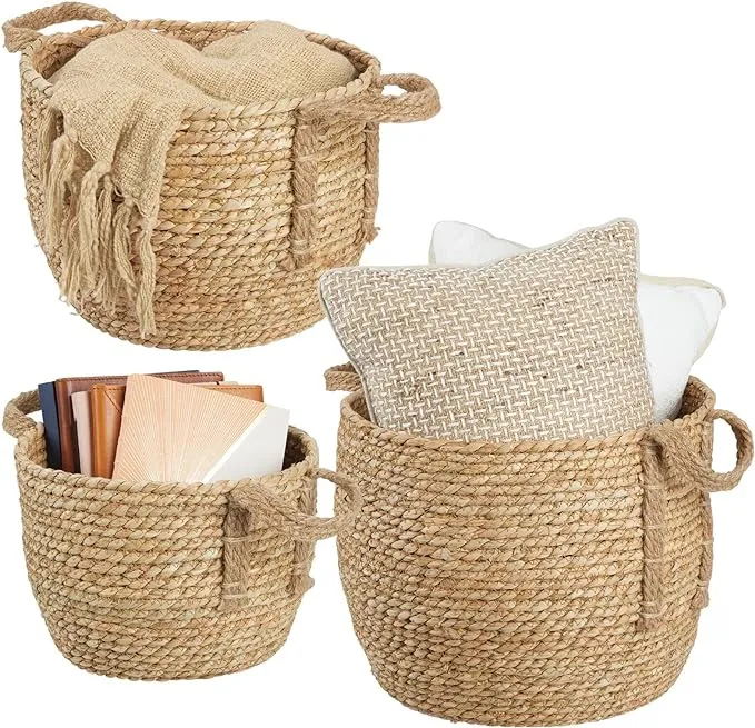 mDesign Round Seagrass Woven Storage Basket with Handles - Set of 3 - Brown Wash