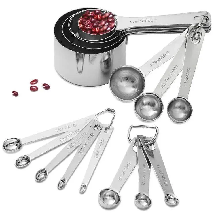 18/8 Stainless Steel Measuring Cups And Spoons Set Of 11 Piece 1 Cup 1/2 Cup 1/3