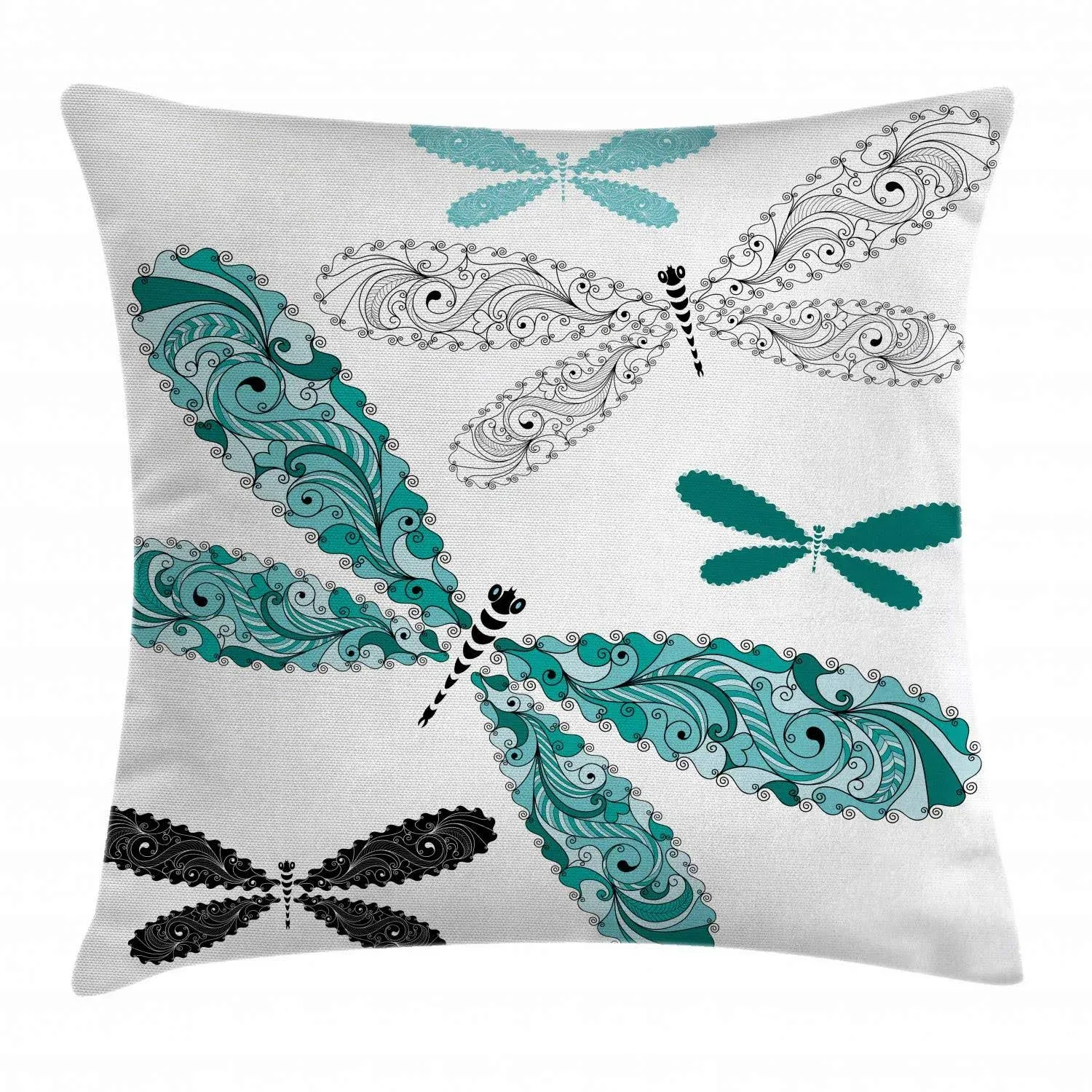 Ambesonne Dragonfly Throw Pillow Cushion Cover, Ornamental Dragonfly with Lace and Damask Effects Image, Decorative Square Accent Pillow Case, 24" X 24", Teal Turquoise Black