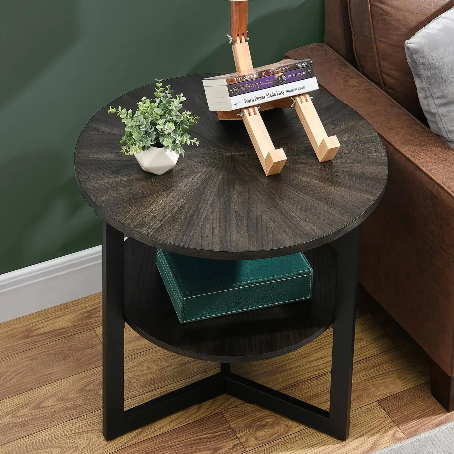 MODERION Large Round End Table with Storage Shelf, Rustic Circular Sofa Side Black Metal Legs, Solid Wood Nightstand, Telephone for Living Room, Bedroom, 25.2''D x 24''H Brushed CJZ1338BK