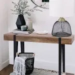 Oak Finish MDF Wood Black Metal Console Entry Table