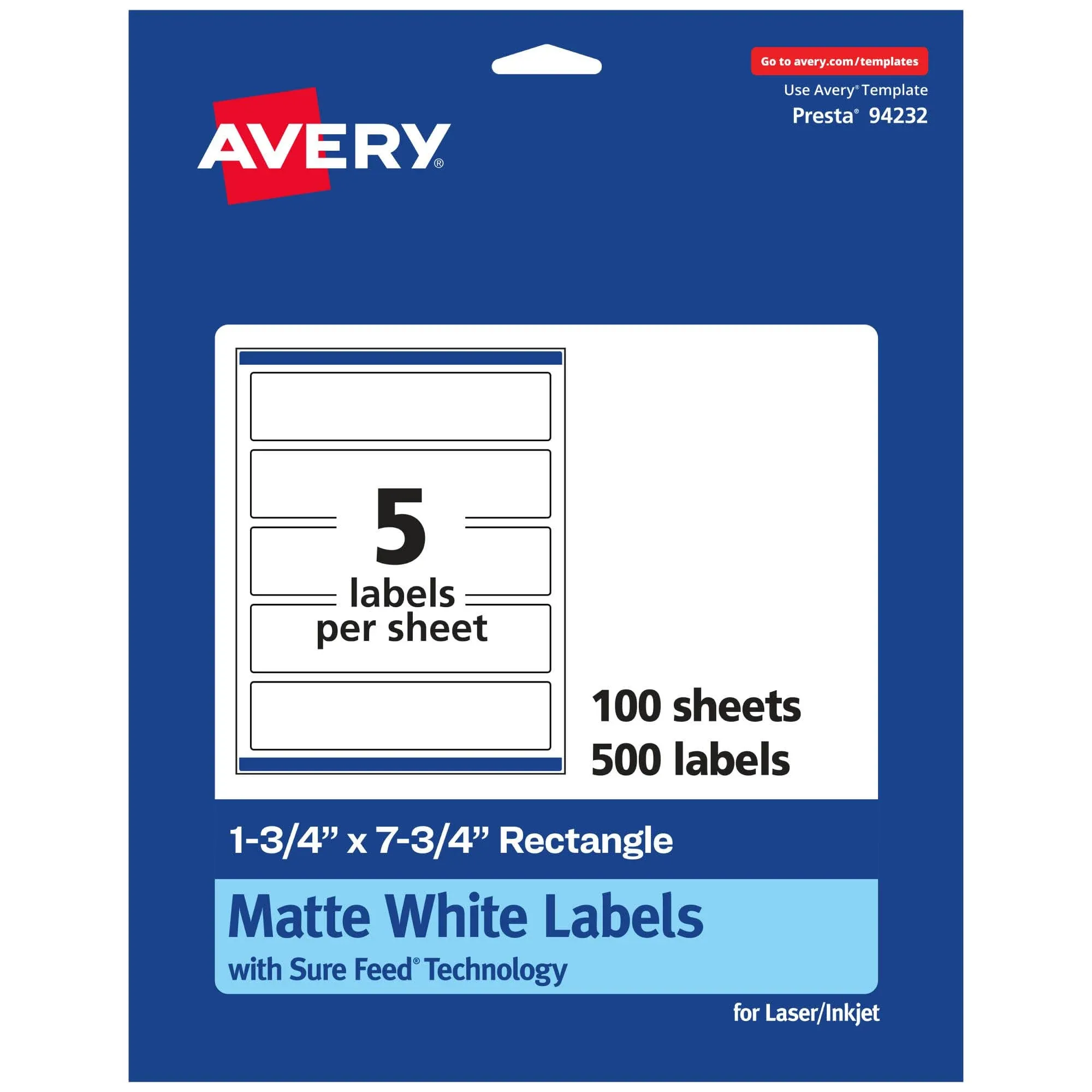 Avery Matte White Rectangle Labels with Sure Feed, 1.75 inch x 7.75 inch, 500 ...