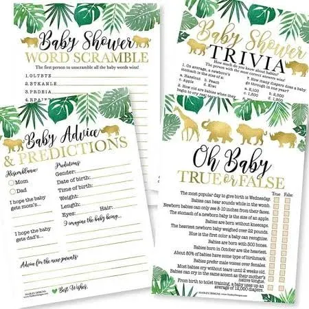 Hadley Designs Safari Baby Shower Games Gender Neutral - 50 Cards, Two 25-Game Sets, 4 Games Double Sided, Baby Prediction and Advice Cards, Baby Trivia, True Or False, Word Scramble, Gender Reveal