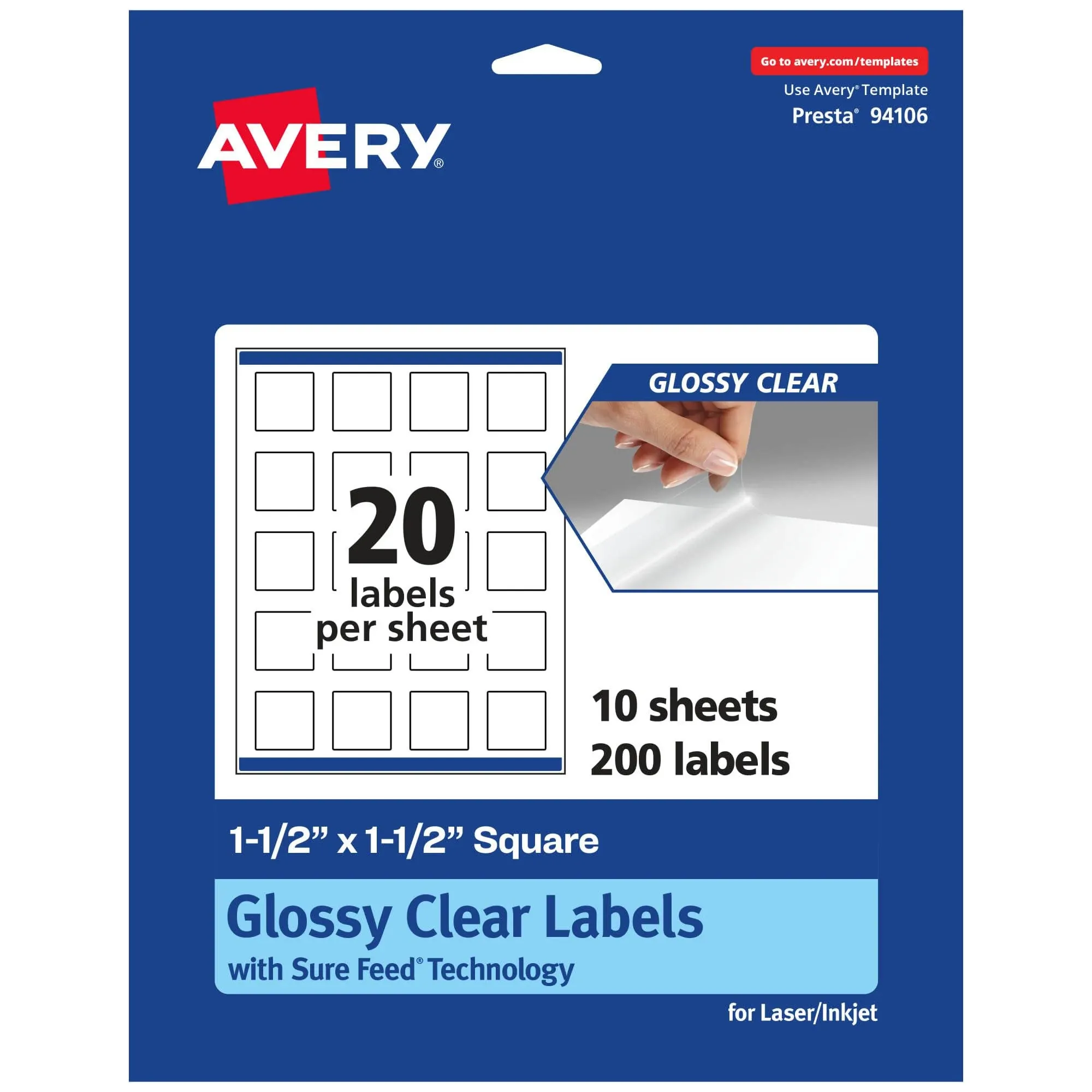 Avery&reg; Glossy Permanent Labels With Sure Feed&reg;, 94106-CGF10, Square, 1-1/2&quot; x 1-1/2&quot;, Clear, Pack Of 200