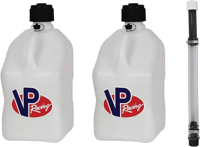 VP Racing Fuels 5-Gallon Square Motorsport Utility Container White w/ 14" Standard Hose (2 Pack) Close-Trimmed Cap and Neck for Tight Seal 