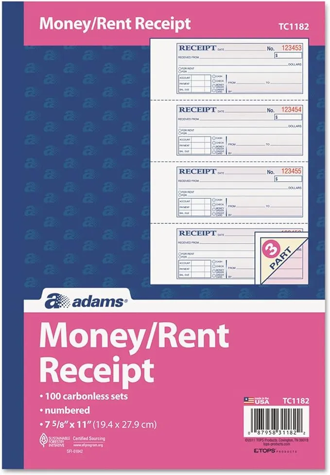 Adams 3-Part Carbonless Receipt Book, 10.88" x 7.63", 100 Sets/Book (TC1182)