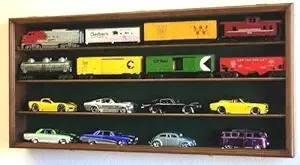 O Scale Train Display Case Cabinet Wall Rack w/UV Protection- Lockable -Walnut