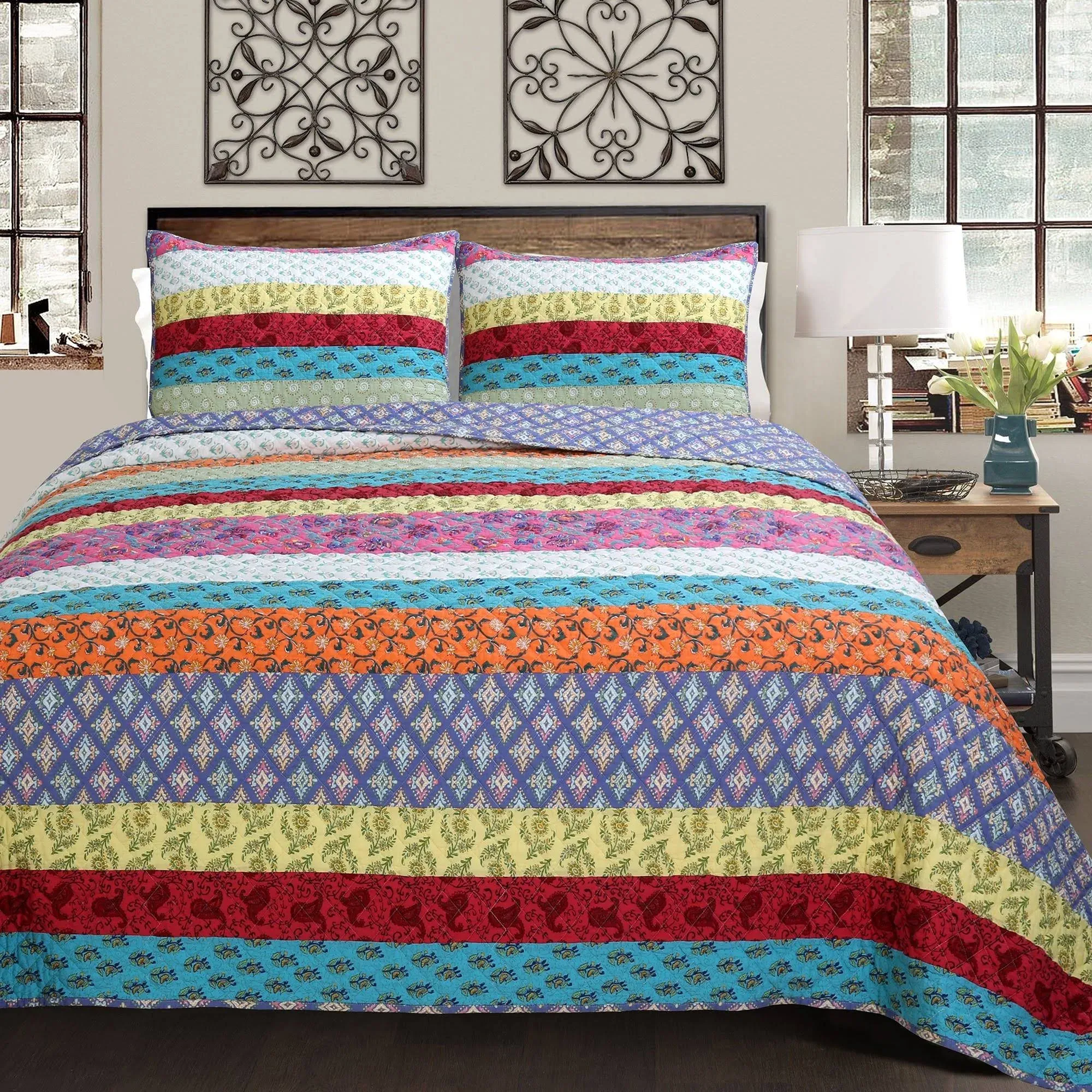 Cozy Line Kozlowski 3-Piece Rainbow Stripe Reversible Cotton Quilt Bedding Set