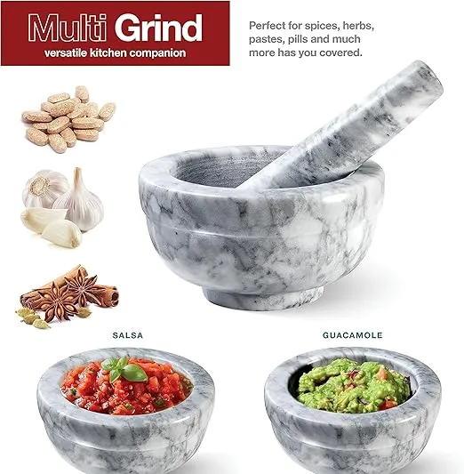 Sagler Mortar and Pestle Set - Small Grinding Bowl Container for Guacamole, Spices, Salsa, Pesto, Herbs - Best Mortar and Pestle Spice and Pills Crusher Set, Holds Up to 2.5oz - 3.75x2’’, Marble Gray