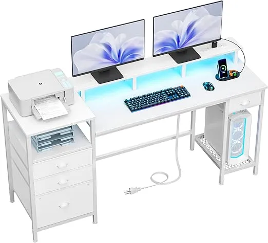 Furologee White Computer Desk with 4 Drawers, 60" Long Office Desk with Fabric File Cabinet and Power Outlets, Gaming Desk with LED Lights, Study Writing Work Desk with Shelf for Home Office