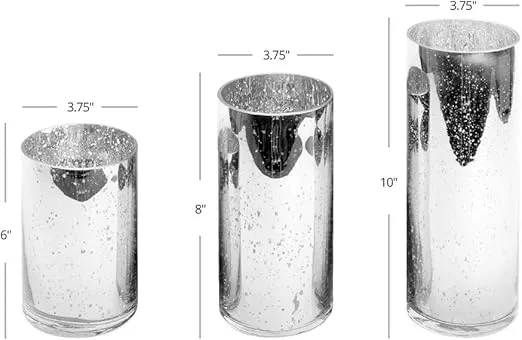 Koyal Wholesale Silver Antique Glass Cylinder Vases Set of 3 for Flowers, Floating Candles, Centerpiece Wedding Decor