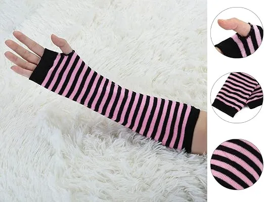 Allegra K Women Black Pink Stripe Print Elbow Length Fingerless Arm Gloves Pair