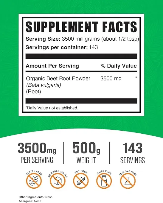 BulkSupplements.com Organic Beet Root Powder - Beet Powder Organic, Beetroot Supplement - Superfood Supplement, Vegan & Gluten Free - 3500mg per Serving, 500g (1.1 lbs) (Pack of 1)