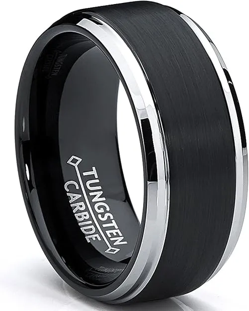 9MM Black Two Tone Tungsten Carbide Men's Brushed Wedding Band Ring, Comfort Fit Sizes 8 to 13