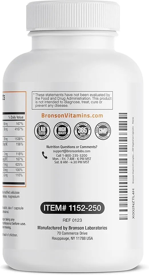 Bronson Vitamin B Complex with Vitamin C - Immune Health, Energy Support & Nervous System Support - Non-GMO, 250 Vegetarian Capsules