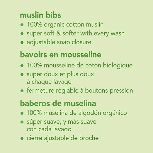 green sprouts Muslin Bibs Made from Organic Cotton| 4 Absorbent Layers Protect from sniffles, Drips, & drools | 100% Organic Cotton Muslin, Adjustable snap Closure, Machine Washable,5 Count