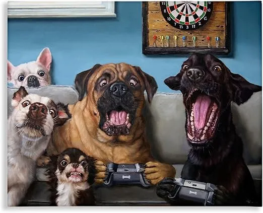 Stupell Industries Funny Dogs Playing Video Games Livingroom Pet Portrait, Designed by Lucia Heffernan Canvas Wall Art, Blue, 16x20