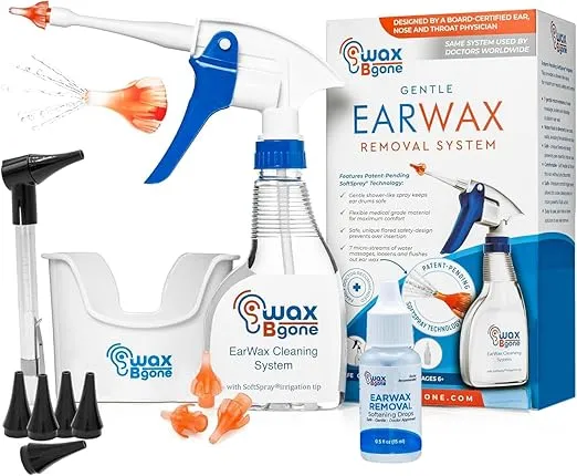 WaxBgone Earwax Removal Kit - Fast, Gentle, and Effective Ear Wax Removal Kit – Dissolve and Remove Earwax at Home - Includes Earwax Softening Drops, 3 SoftSpray Reusable Irrigation Tips, Otoscope