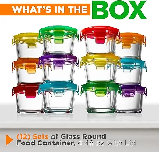 NutriChef 12-Piece Mini Glass Food Storage Containers - 4.48oz Stackable Premium Round Meal Prep Jars w/Locking Lids - Microwave, Freezer, & Dishwasher Safe, For Baby Food, Snacks, Fruits, Nuts