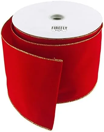 Homeford Velvet Gold Trim Christmas Ribbon Wired Edge, 4-Inch, 50-Yard, Red/Gold