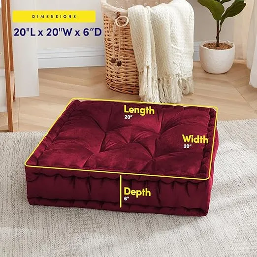 Sweet Home Collection Floor Pillow Large Square Tufted Decorative Cushion. Faux Velvet Fabric Ultra Thick Fill for Kids and Adults, 2 Pack, Burgundy Red 2 Count