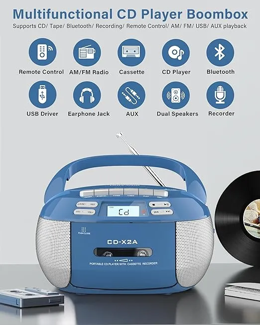 Greadio Boombox CD Player Cassette Player Combo, Boom Box Portable CD Players for Home with Bluetooth, Support AM FM Radio/Remote Control/AUX/USB/Earphone, AC/Battery Operated, LCD Display (Blue)