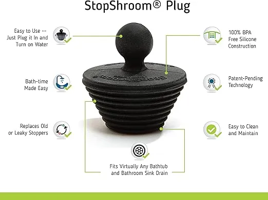 StopShroom Tub 2 Pack Universal Stopper for Bathtub and Bathroom Sink Drains, Black Plug 2pk, 2 Count