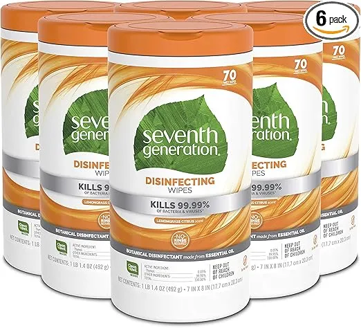 Seventh Generation Disinfecting Multi Surface Wipes, Botanical Disinfectant, 70 Count, Pack of 6
