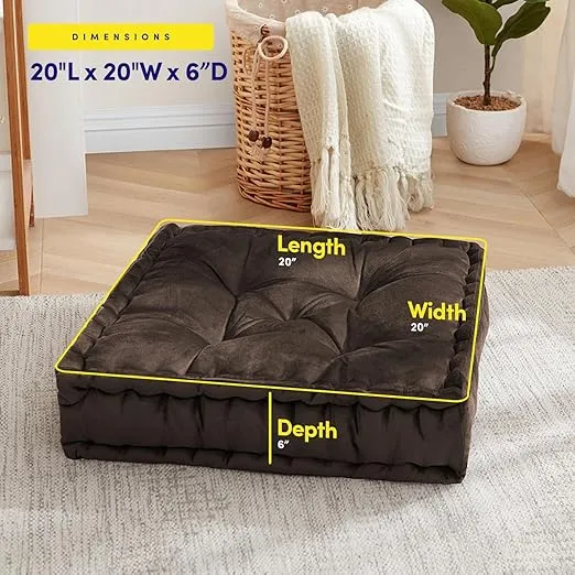 Sweet Home Collection Floor Pillow Large Square Tufted Decorative Cushion. Faux Velvet Fabric Ultra Thick Fill for Kids and Adults, 1 Pack, Coffee Brown