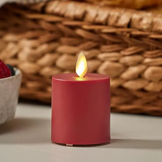 Luminara Cherry Red Outdoor Moving Flame Votive Realistic LED Candle (2"x3.2"), IPX4 Flat Smooth Matte Plastic Finish, Battery Operated (2 AAA) Timer