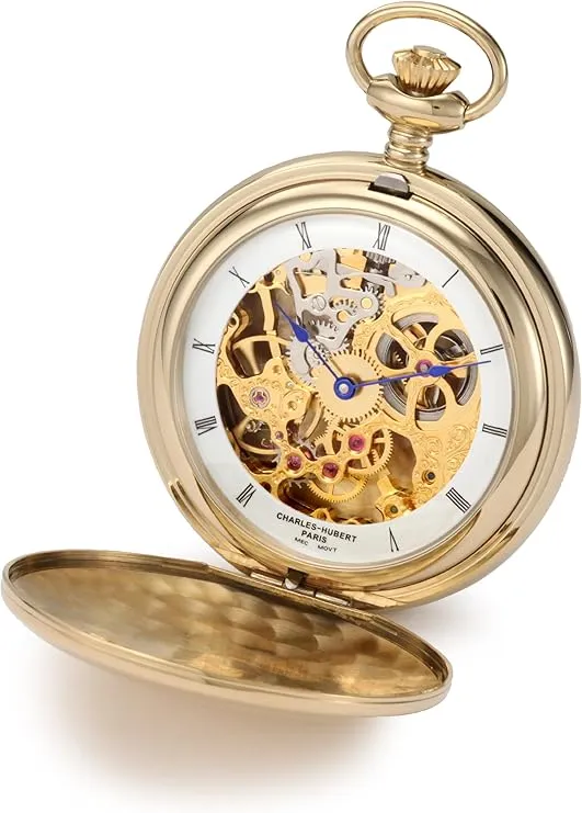 Charles-Hubert, Paris 3904-G Premium Collection Gold-Plated Stainless Steel Polished Finish Double Hunter Case Mechanical Pocket Watch