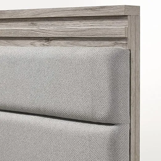 Roundhill Furniture Alvear Upholstered Wood Wallbed Bed with White LED Lights, 2 Nightstand, King, Weathered Gray