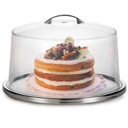 TableCraft 13" Plastic Cake Dome Cover and Stainless Steel Plate Set, 2.6