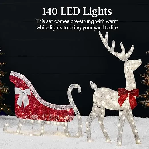 Best Choice Products 4ft Lighted 2D Reindeer & Sleigh Set, Christmas Holiday Deer & Sled Outdoor Yard Decoration w/ 140 LED Lights - White
