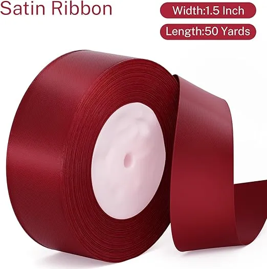 Wine Red Ribbon 1-1/2 inch Burgundy Satin Fabric Ribbons 50 Yards for Crafts Wrapping Hair Bows Bridal Bouquets Wedding Party Decoration