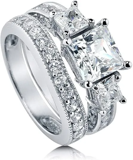 BERRICLE Sterling Silver 3-Stone Wedding Engagement Rings 2 Carat Princess Cut Cubic Zirconia CZ Ring Set for Women, Rhodium Plated Size 4-10