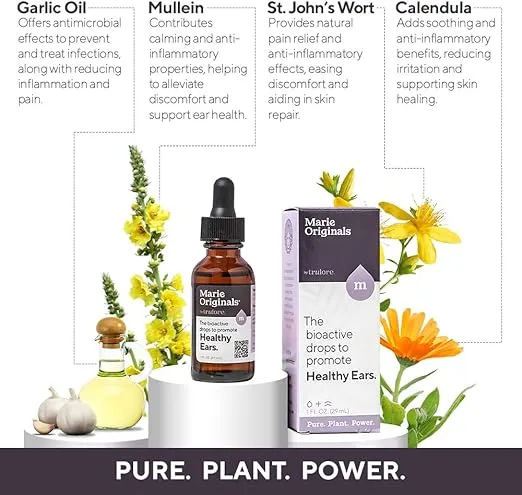 Marie Originals Natural Ear Oil Drops | Mullein Garlic Oil Ear Drops for Infections Prevention, Herbal Ear Ache Drops for Adults, Kids & Pets, Soothes Ear Pain & Wax Removal, Earache Remedies (1 Pack)