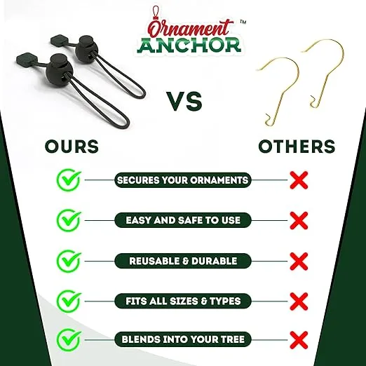ORNAMENT ANCHOR Ornament Hooks for Hanging Christmas Decorations - No-Slip Hanging Hooks for Xmas - Heavy Duty Christmas Tree Ornaments Hanger Hooks for Small & Large Ornaments (Green, 24 Count)