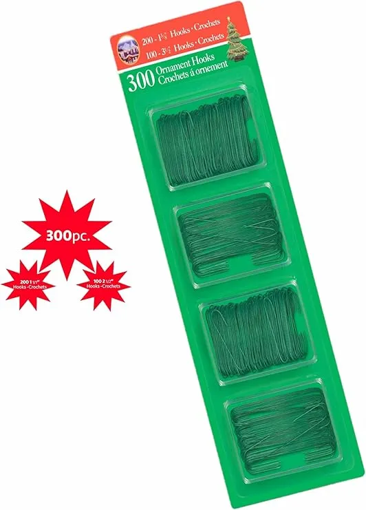 R’ND’s 300 Pack Ornament Hooks Christmas Tree Decorating Hangers- Metal Wire Ornament Hooks for Christmas Tree Decoration Hanging (Green)
