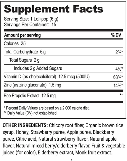 Kids Throat Soothing Lollipops by Beekeeper's Naturals - Doctor Formulated Immune Support, Vitamin D & Honey, Under 2g Sugar, Clean Ingredients,15 ct