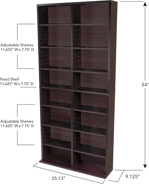 Atlantic Oskar Adjustable Media Cabinet - Holds 464 CDs, 228 DVDs or 276 Blu-rays, 12 Adjustable and 4 fixed shelves PN in Espresso