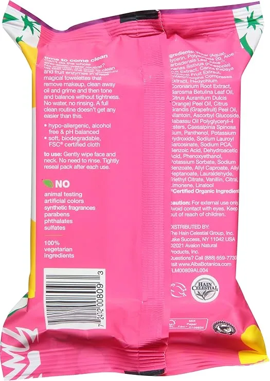 Alba Botanica Hawaiian 3 In 1 Clean Towelettes Deep Pore Purifying Enzyme, Pineapple, 25 Count (Packaging May Vary)