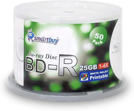 Smartbuy 50-disc 25gb 6X Bd-r BDR Blu-ray Single Layer White Inkjet Hub Printable Blank Data Recordable Media Disc with Cakebox/Spindle Packing